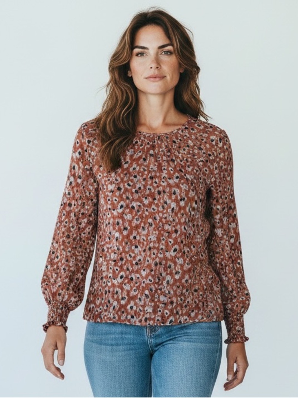 Roolee Women’s Rust Floral Long Sleeve Smocked Cuff Blouse Large